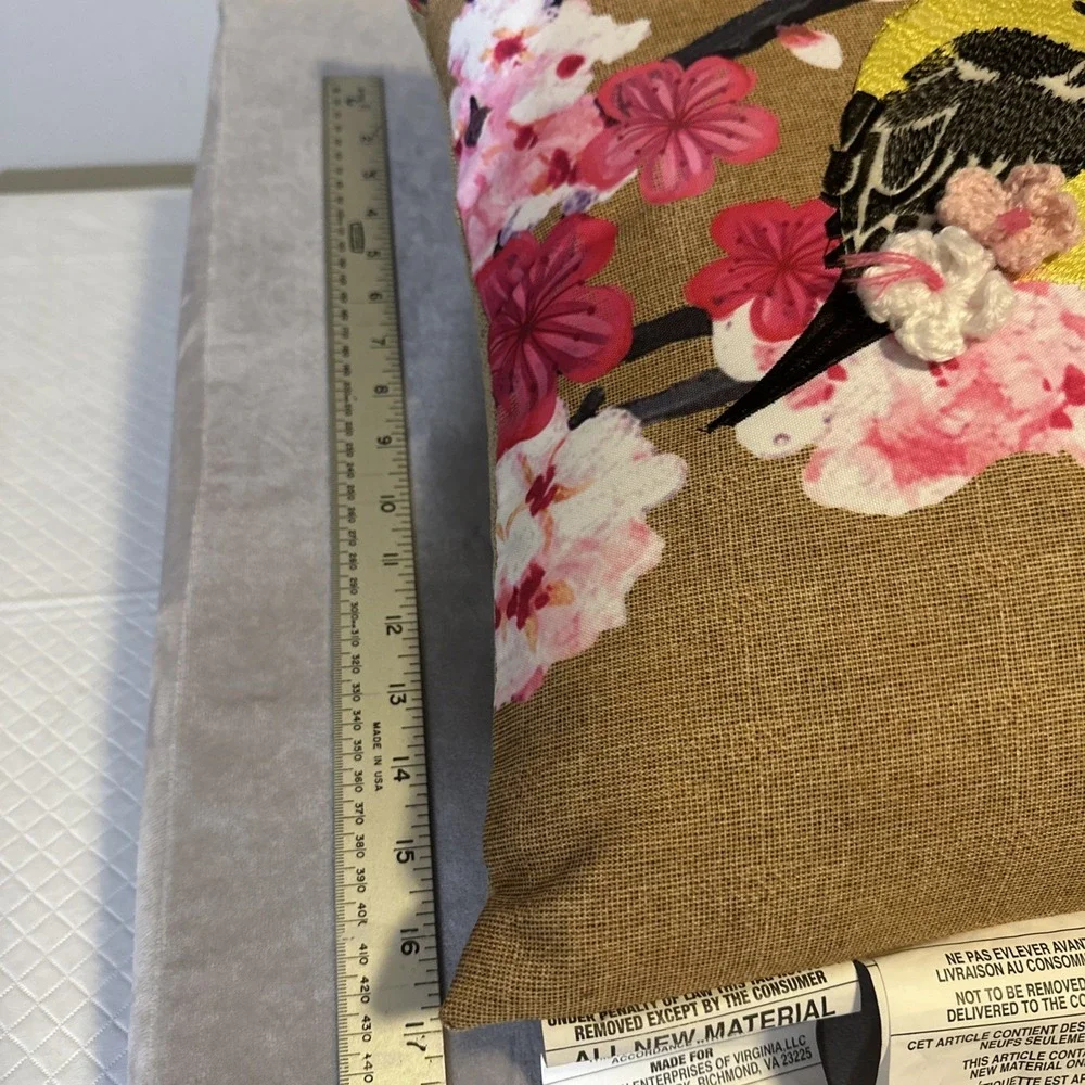 Yellow‎ Finch Embroidered  Indoor Outdoor Pillow Crochet Flowers 17 x 17